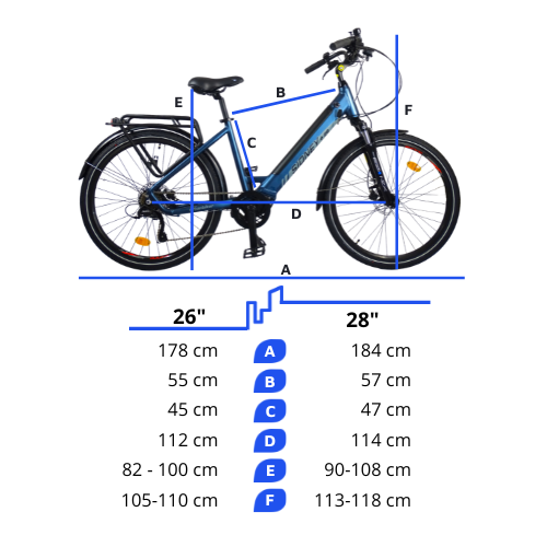 Bici elettrica da città URBANBIKER SIDNEY tabella taglie